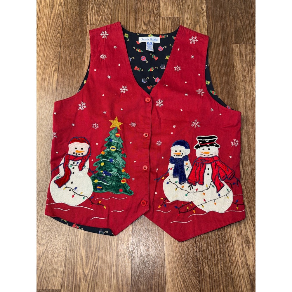 Christie Brooks Red Cotton Embroidered Snowman Christmas Holiday Vest XL 16